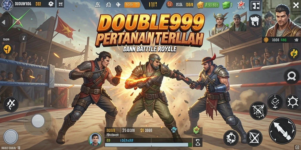 Screenshot utama DOUBLE999 menampilkan momen aksi bertarung seru di Battle Royale.