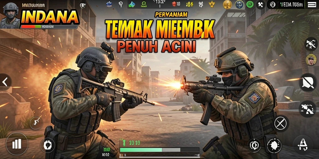 Tampilan gameplay dinamis dari INDAAA dalam aksi tembak-menembak.