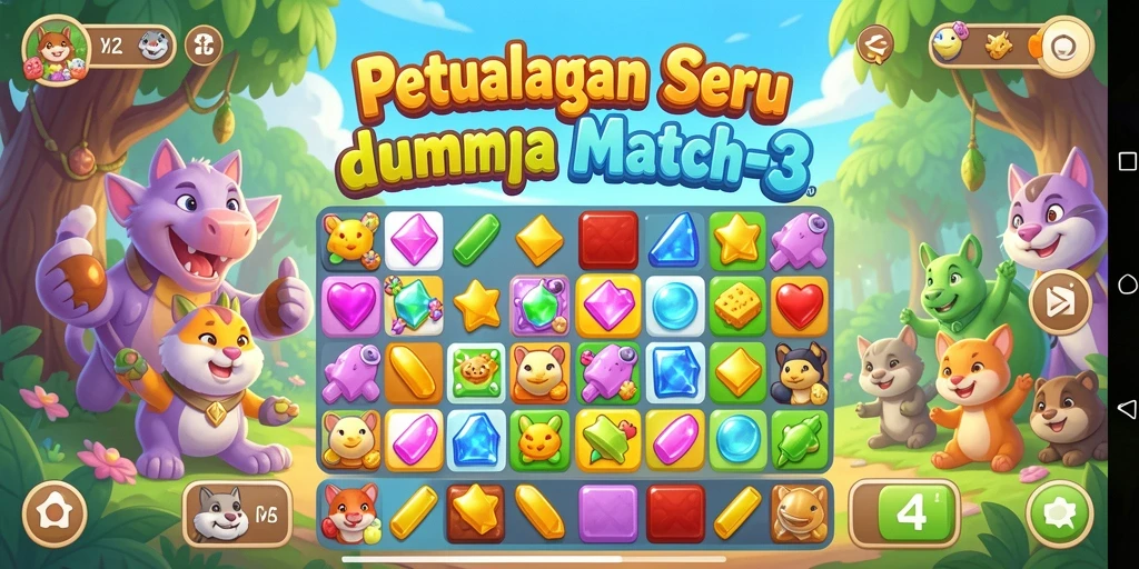 Tangkapan layar utama MG525 menampilkan permainan match-3 yang seru dan penuh warna.