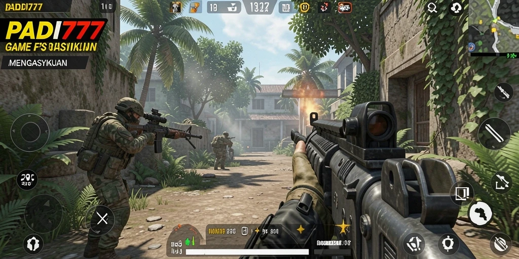Tampilan gameplay PADI777 yang intens dan menegangkan di arena pertempuran FPS.