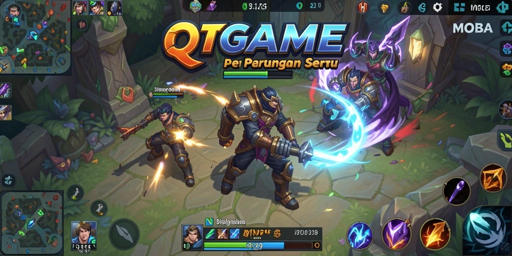 Gameplay seru di QTGAME dengan pertarungan tim yang mendebarkan.