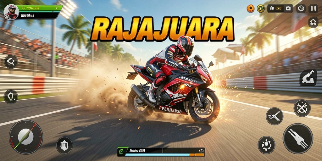 Tampilan utama gameplay RAJAJUARA dengan aksi balap motor yang seru.