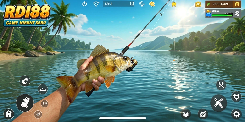 Screenshot gameplay RDI88 menampilkan aksi menangkap ikan di laut yang menawan.