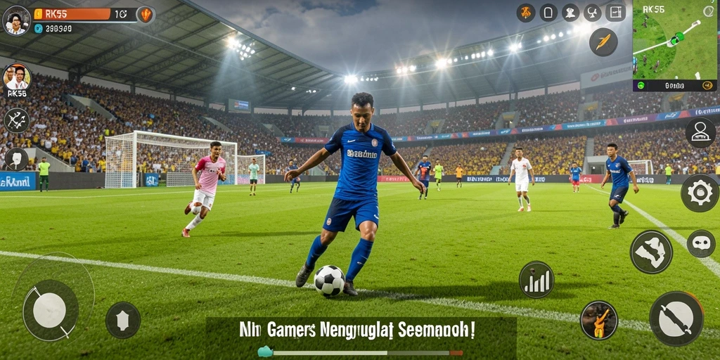 Tangkapan layar gameplay RK55 menampilkan aksi seru dalam pertandingan sepak bola.
